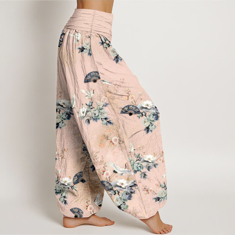 Buddha Stones Cotton Crane Fan Floral Pattern Women's Elastic Waist Harem Pants - image 2