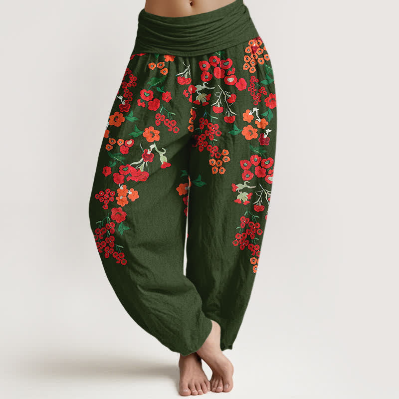 Buddha Stones Cotton Bohemian Red Floral Pattern Women's Elastic Waist Harem Pants - ForestGreen - US16，UK/AU20，EU48 (3XL) - image 8