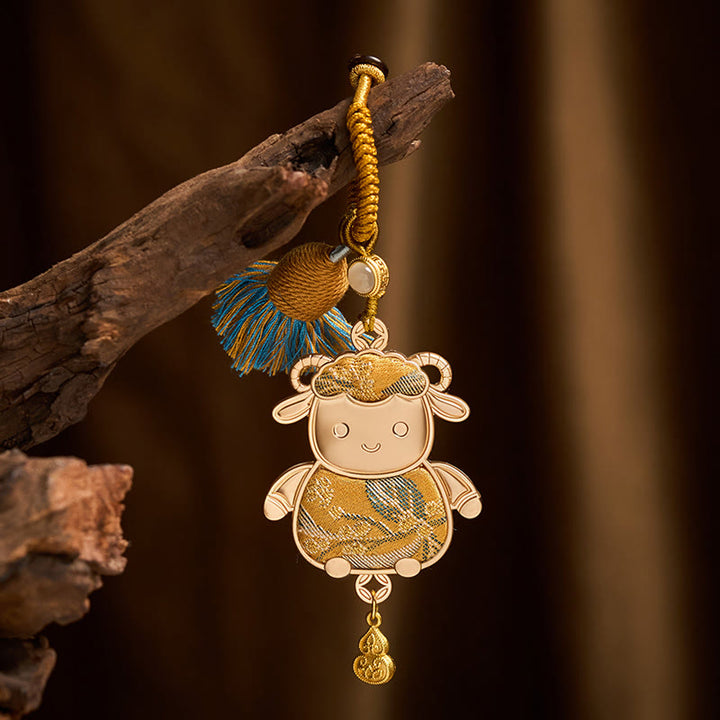Buddha Stones Song Brocade Handmade Chinese Zodiac Tassel Lucky Keychain - Goat - Yellow - image 10