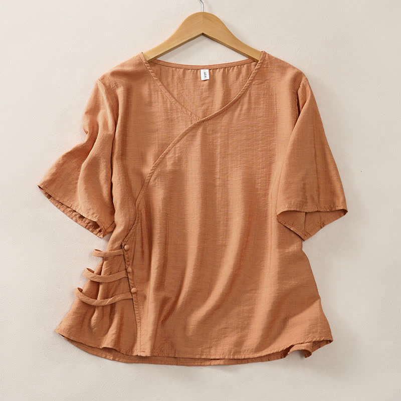 Buddha Stones Summer Casual Minimalist V-Neck Solid Decorative Button Women's Short Sleeve T-Shirts - Peru - US8-10, UK/AU12-14, EU40-42 (2XL) - image 0