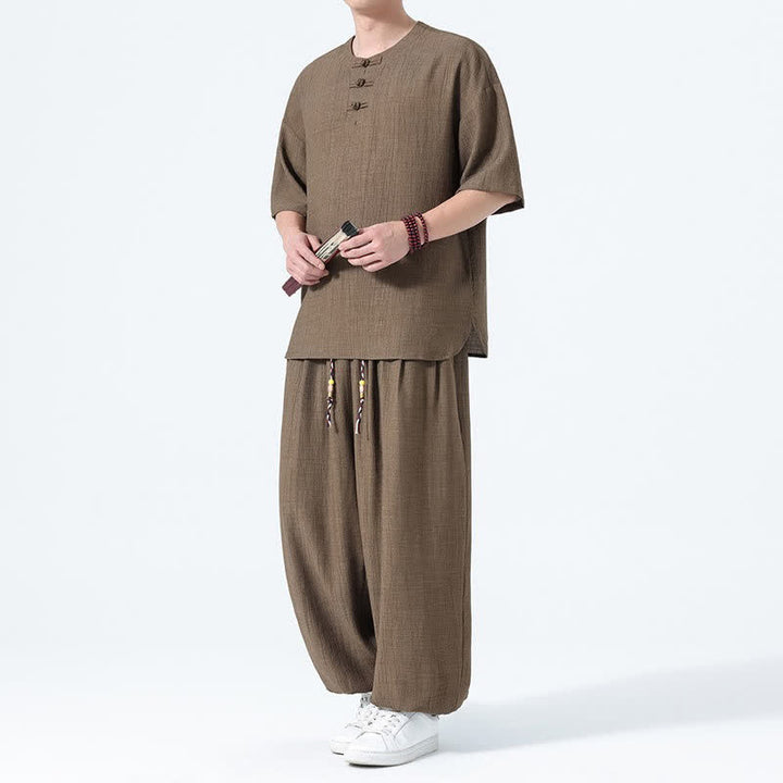 Buddha Stones 2Pcs Summer Tang Style Frog Button Solid Short Sleeve Shirt Harem Pants Men's Meditation Cloth With Pockets - Peru - US/UK/AU46，EU56 (5XL) - image 0