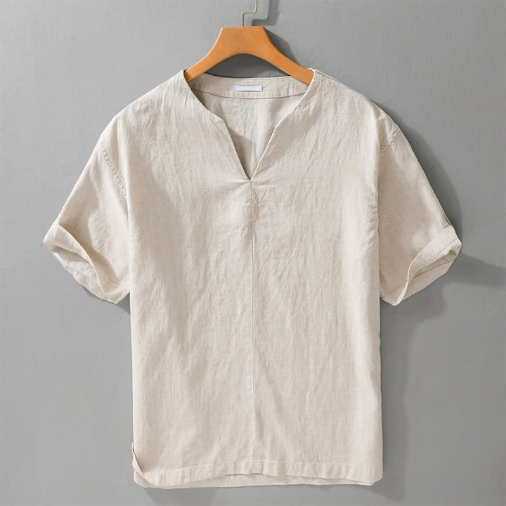 Buddha Stones Summer Minimalist Solid V-Neck Men's Short Sleeve T-Shirts - Linen - US/UK/AU46，EU56 (5XL) - image 0