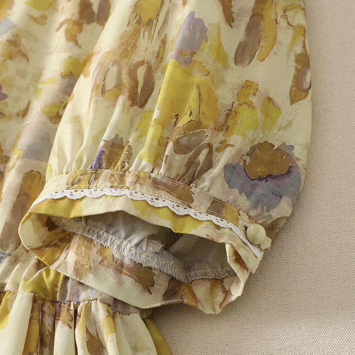 Buddha Stones Spring Summer Vintage Drawstring Yellow Floral Women's Short Sleeve Midi Dress - image 5