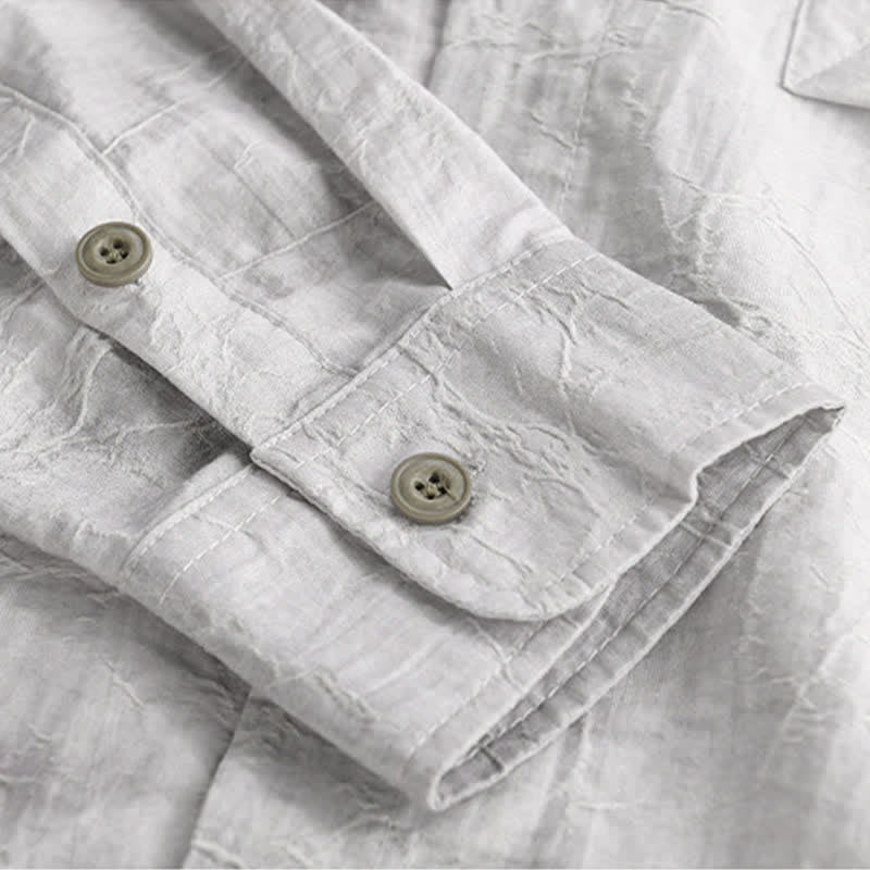 Buddha Stones Spring Summer Casual Minimalist Button-Up Solid Grey Ink Wash Men's Shirts With Patch Pocket - image 9
