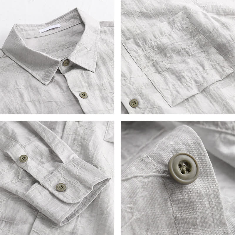 Buddha Stones Spring Summer Casual Minimalist Button-Up Solid Grey Ink Wash Men's Shirts With Patch Pocket - image 4