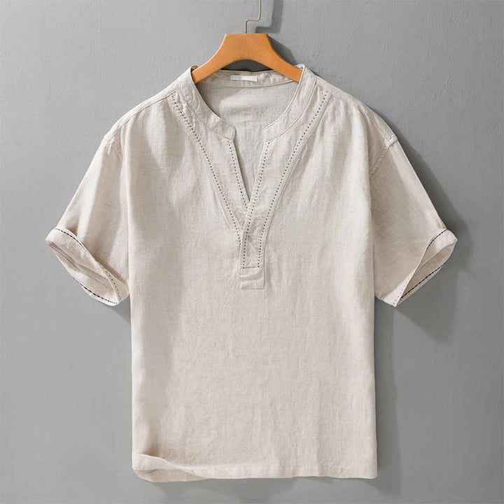 Buddha Stones Summer Casual V-Neck Solid Men's Short Sleeve T-Shirts - Linen - US/UK/AU44，EU54 (3XL) - image 0