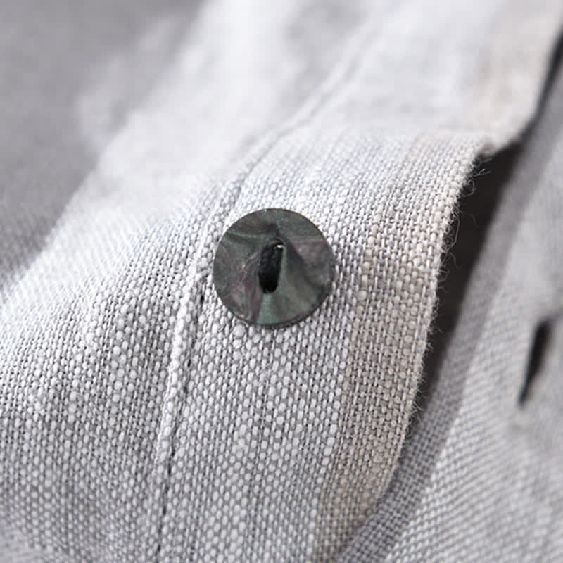 Buddha Stones Summer Vintage Mandarin Collar Button Up Striped Linen Men's Shirts With Patch Pocket - image 6