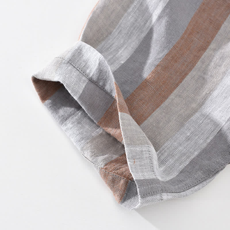 Buddha Stones Summer Vintage Mandarin Collar Button Up Striped Linen Men's Shirts With Patch Pocket - image 7