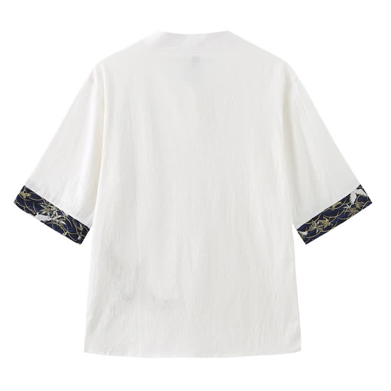 Buddha Stones Summer Tang Style Vintage Frog Button Crane Men's Short Sleeve Shirts - image 3