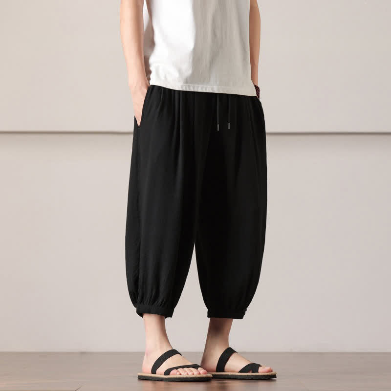 Buddha Stones Summer Casual Minimalist Drawstring Solid Capri Pants Men's Harem Pants With Pocket - image 21