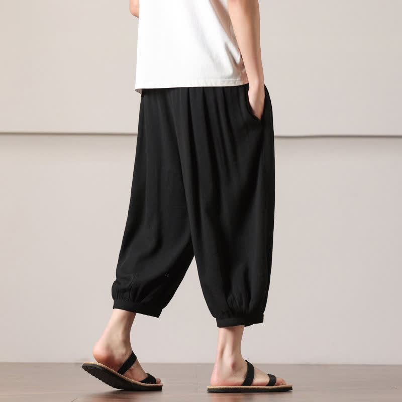 Buddha Stones Summer Casual Minimalist Drawstring Solid Capri Pants Men's Harem Pants With Pocket - image 29
