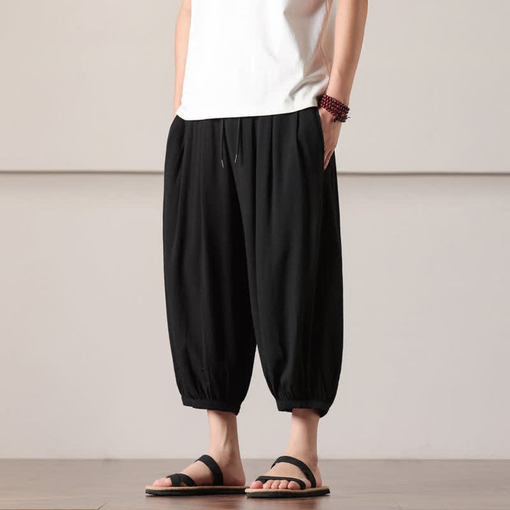 Buddha Stones Summer Casual Minimalist Drawstring Solid Capri Pants Men's Harem Pants With Pocket - image 20