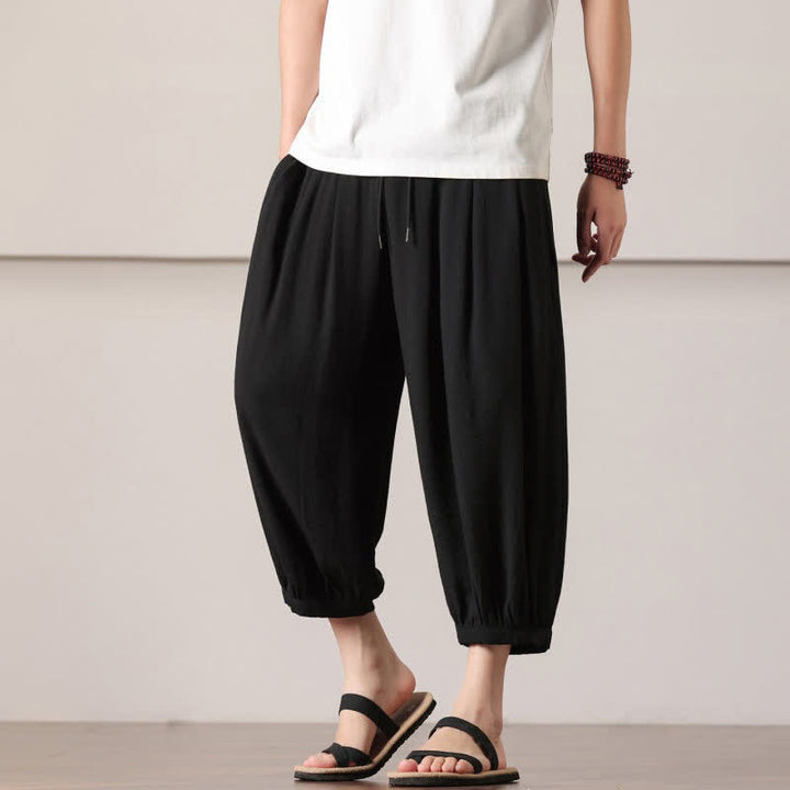 Buddha Stones Summer Casual Minimalist Drawstring Solid Capri Pants Men's Harem Pants With Pocket - image 22