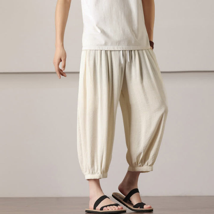 Buddha Stones Summer Casual Minimalist Drawstring Solid Capri Pants Men's Harem Pants With Pocket - image 12