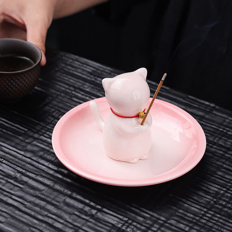 Buddha Stones Ceramic Kawaii Cat Incense Burner with Ash Catching Tray Without Incense - image 1
