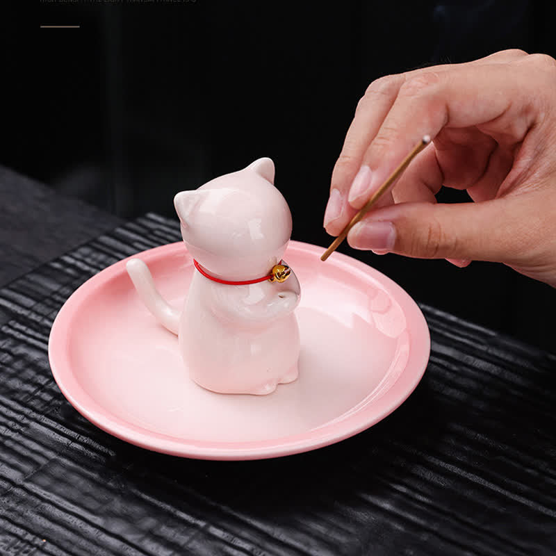 Buddha Stones Ceramic Kawaii Cat Incense Burner with Ash Catching Tray Without Incense - image 3