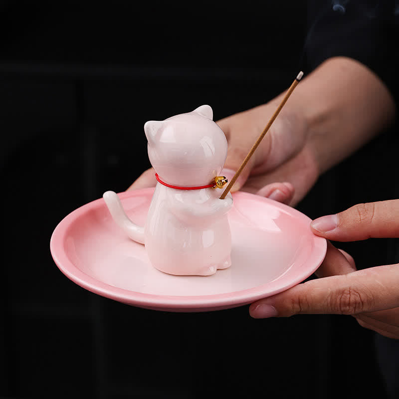Buddha Stones Ceramic Kawaii Cat Incense Burner with Ash Catching Tray Without Incense - image 4