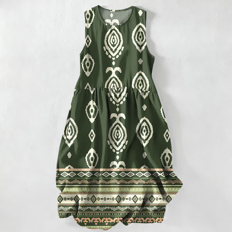 Buddha Stones Summer Casual Tribal Geometric Border Pattern Women's Summer Sleeveless Midi Dress With Pockets - DarkOliveGreen - US16，UK/AU20，EU48 (3XL) - image 0