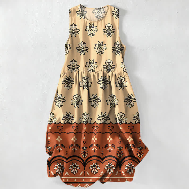 Buddha Stones Summer Casual Mint Floral Border Pattern Women's Summer Sleeveless Midi Dress With Pockets - Moccasin - US16，UK/AU20，EU48 (3XL) - image 5