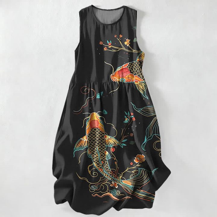 Buddha Stones Summer Casual Koi Fish Floral Wave Pattern Women's Summer Sleeveless Midi Dress With Pockets - Black - US16，UK/AU20，EU48 (3XL) - image 0