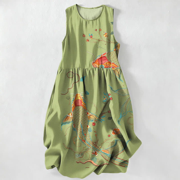 Buddha Stones Summer Casual Koi Fish Floral Wave Pattern Women's Summer Sleeveless Midi Dress With Pockets - OliveDrab - US16，UK/AU20，EU48 (3XL) - image 5