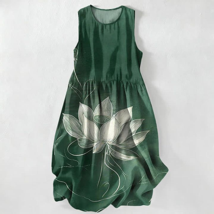 Buddha Stones Summer Casual Lotus Bloom Pattern Women's Summer Sleeveless Midi Dress With Pockets - ForestGreen - US16，UK/AU20，EU48 (3XL) - image 0