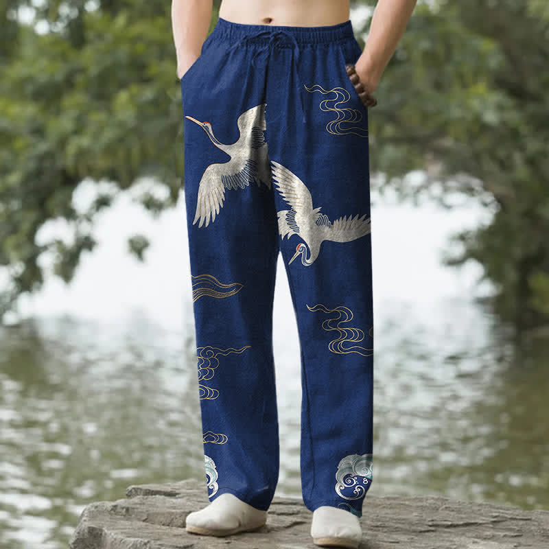 Buddha Stones Cotton Crane Cloud And Ocean Wave Pattern Men's Tapered Pants With Pockets - Navy - US/UK/AU50，EU60 (5XL) - image 4