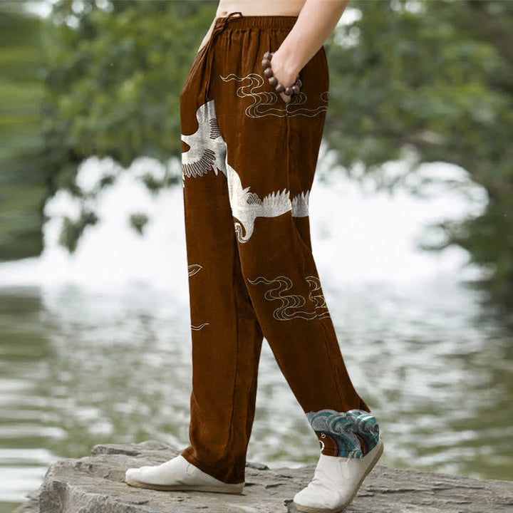 Buddha Stones Cotton Crane Cloud And Ocean Wave Pattern Men's Tapered Pants With Pockets - image 7