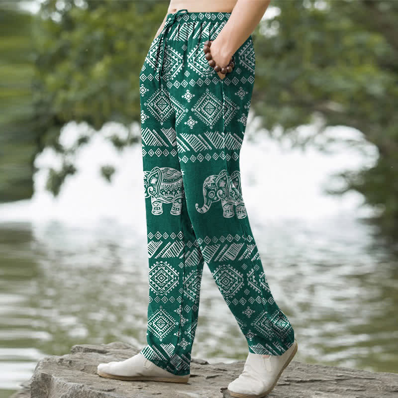 Buddha Stones Cotton Elephant Tribal Pattern Men's Tapered Pants With Pockets - image 1