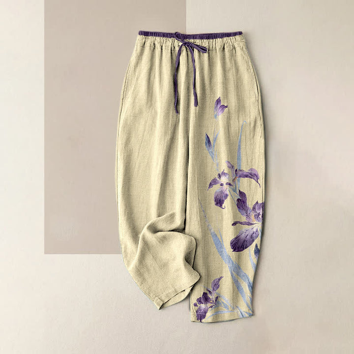 Buddha Stones Pure Cotton Graceful Iris Pattern Women's Elastic Waist Pants With Pockets - LemonChiffon - US16，UK/AU20，EU48 (3XL) - image 4