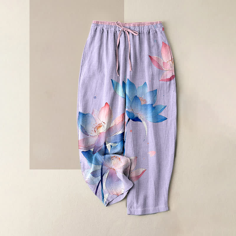 Buddha Stones Pure Cotton Watercolor Lotus Pattern Women's Elastic Waist Pants With Pockets - Lavender - US16，UK/AU20，EU48 (3XL) - image 3