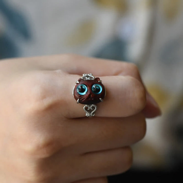 Buddha Stones Small Leaf Red Sandalwood Cat Longevity Adjustable Ring - image 8