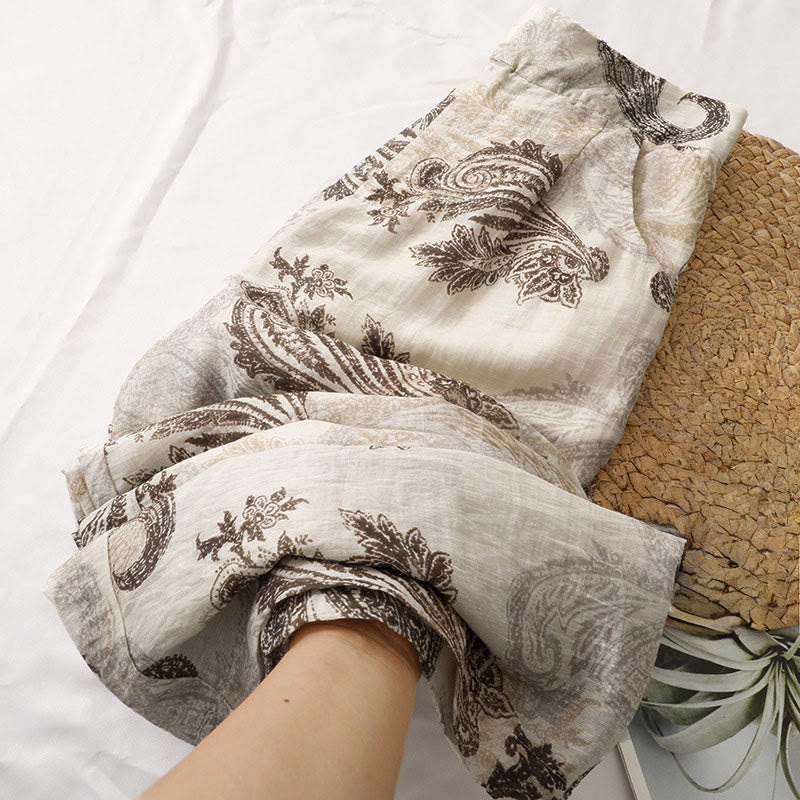 Buddha Stones Summer Boho Casual Paisley Zipper Design Ankle Women's Straight Leg Pants With Pockets - image 3