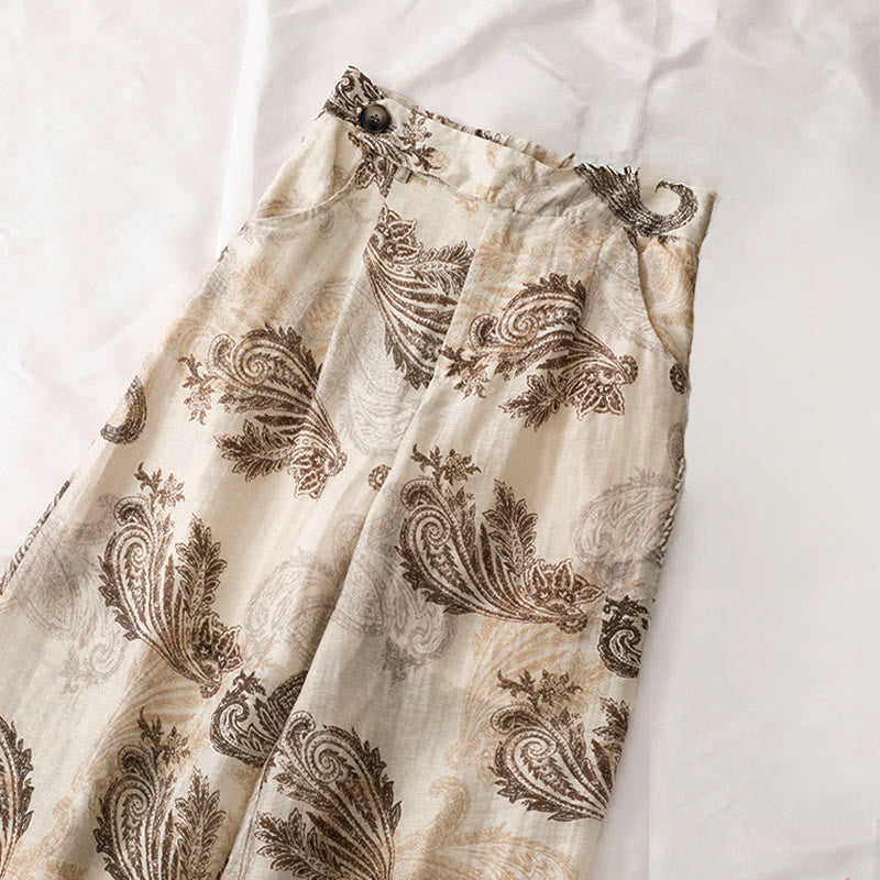 Buddha Stones Summer Boho Casual Paisley Zipper Design Ankle Women's Straight Leg Pants With Pockets - image 6