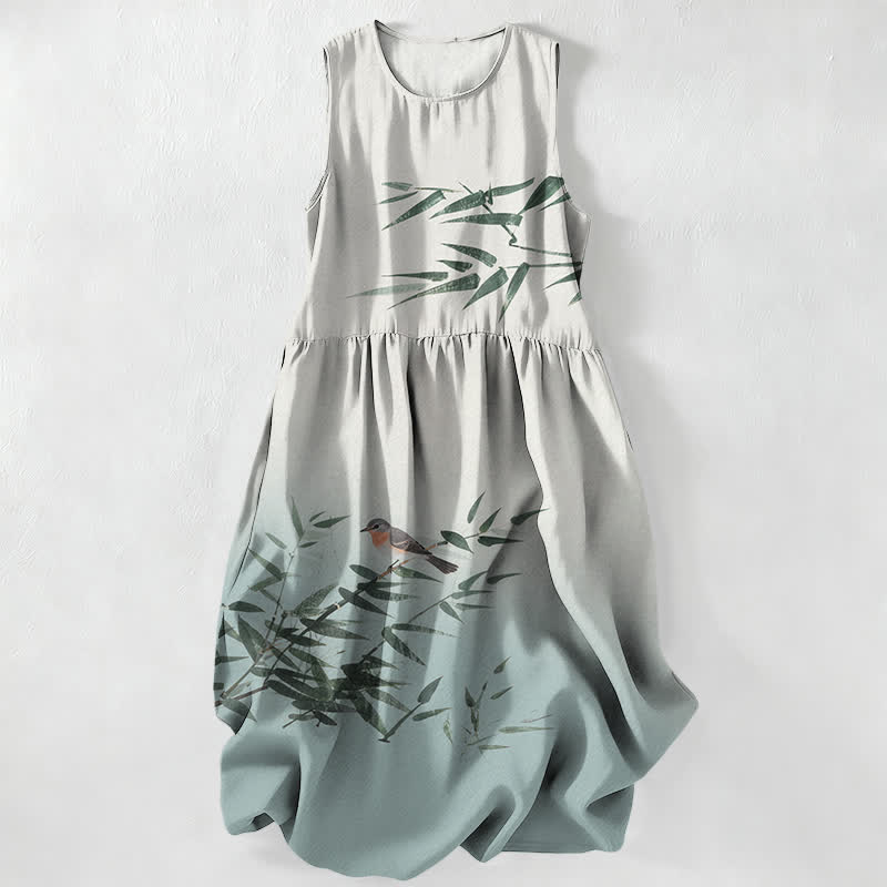 Buddha Stones Summer Casual Bamboo Bird Pattern Women's Summer Sleeveless Midi Dress With Pockets - AliceBlue - US16，UK/AU20，EU48 (3XL) - image 0