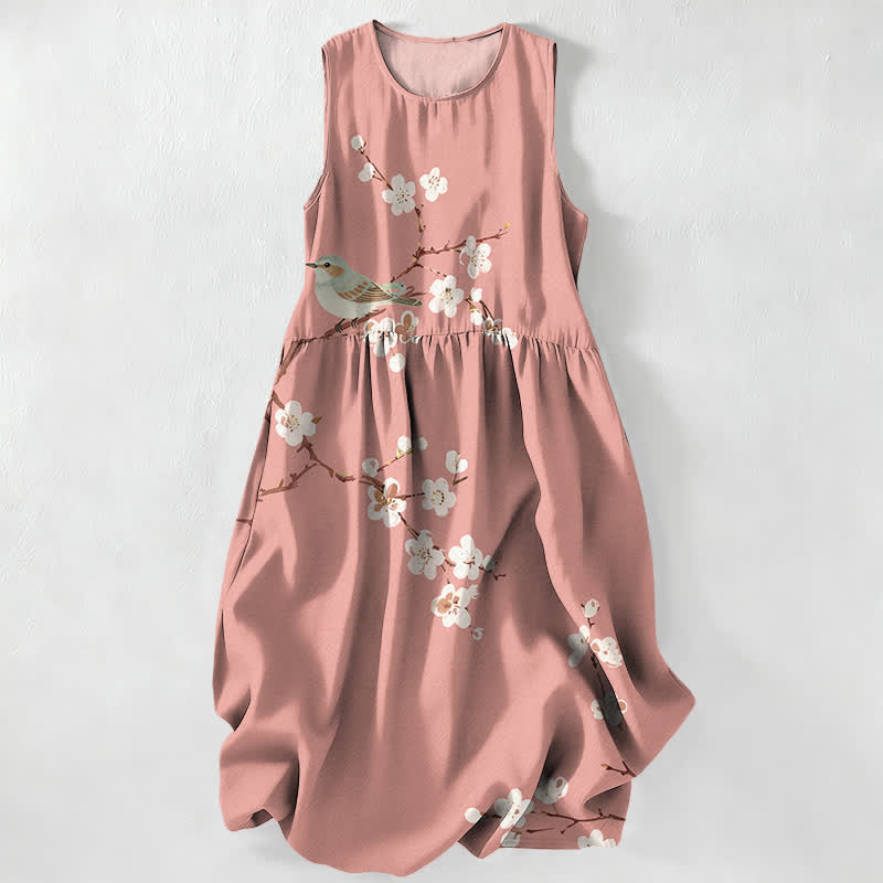 Buddha Stones Summer Casual Blossom Bird Branches Pattern Women's Summer Sleeveless Midi Dress With Pockets - LightPink - US16，UK/AU20，EU48 (3XL) - image 0