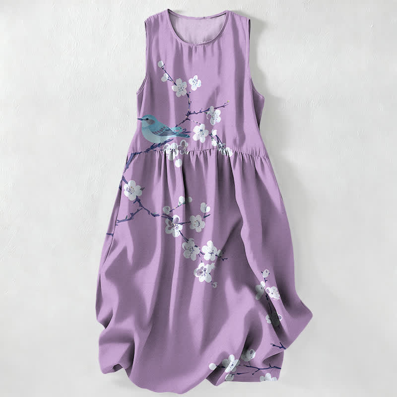 Buddha Stones Summer Casual Blossom Bird Branches Pattern Women's Summer Sleeveless Midi Dress With Pockets - Lavender - US16，UK/AU20，EU48 (3XL) - image 5