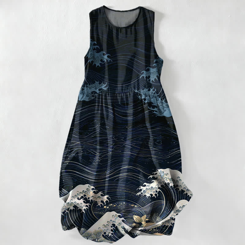 Buddha Stones Summer Casual Ukiyoe Ocean Waves Pattern Women's Summer Sleeveless Midi Dress With Pockets - Navy - US16，UK/AU20，EU48 (3XL) - image 4