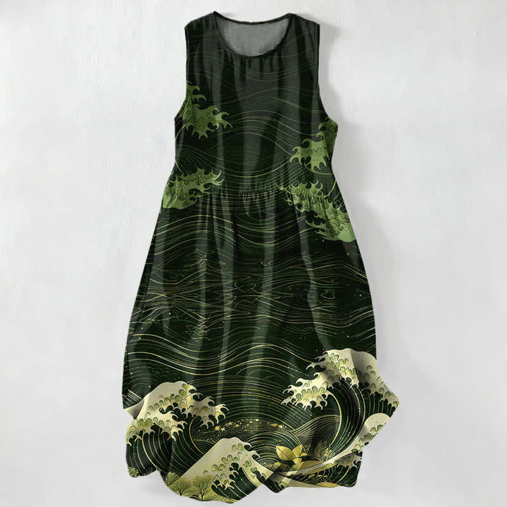 Buddha Stones Summer Casual Ukiyoe Ocean Waves Pattern Women's Summer Sleeveless Midi Dress With Pockets - DarkGreen - US16，UK/AU20，EU48 (3XL) - image 5