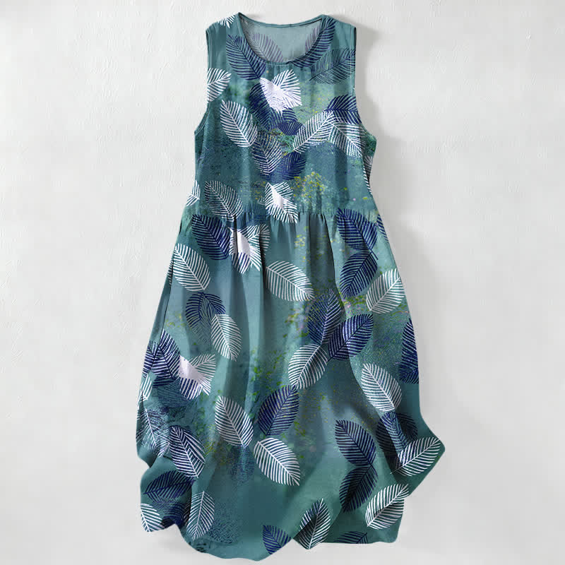 Buddha Stones Summer Casual Tropical Leaves Pattern Women's Summer Sleeveless Midi Dress With Pockets - Teal - US16，UK/AU20，EU48 (3XL) - image 4
