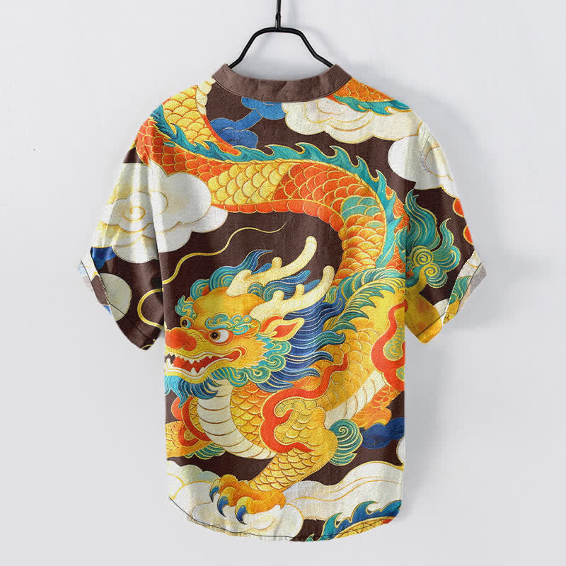 Buddha Stones Cotton Golden Dragon Auspicious Clouds Pattern Men's Short Sleeve Half Button Shirt - image 1