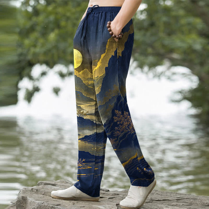 Buddha Stones Cotton Golden Mountain At Sunrise Pattern Men's Tapered Pants With Pockets - image 7