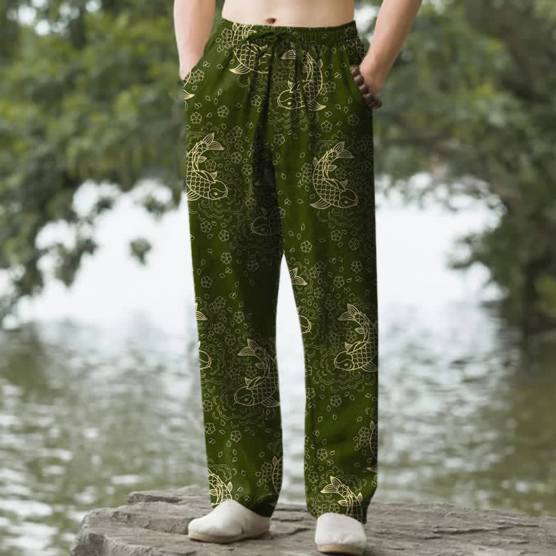 Buddha Stones Cotton Golden Koi Fish Floral Pattern Men's Tapered Pants With Pockets - OliveDrab - US/UK/AU50，EU60 (5XL) - image 4