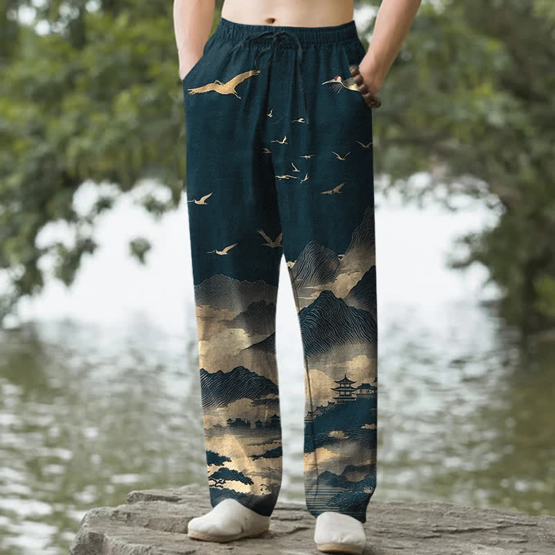 Buddha Stones Cotton Mountain Temple Bird Pattern Men's Tapered Pants With Pockets - Teal - US/UK/AU50，EU60 (5XL) - image 0