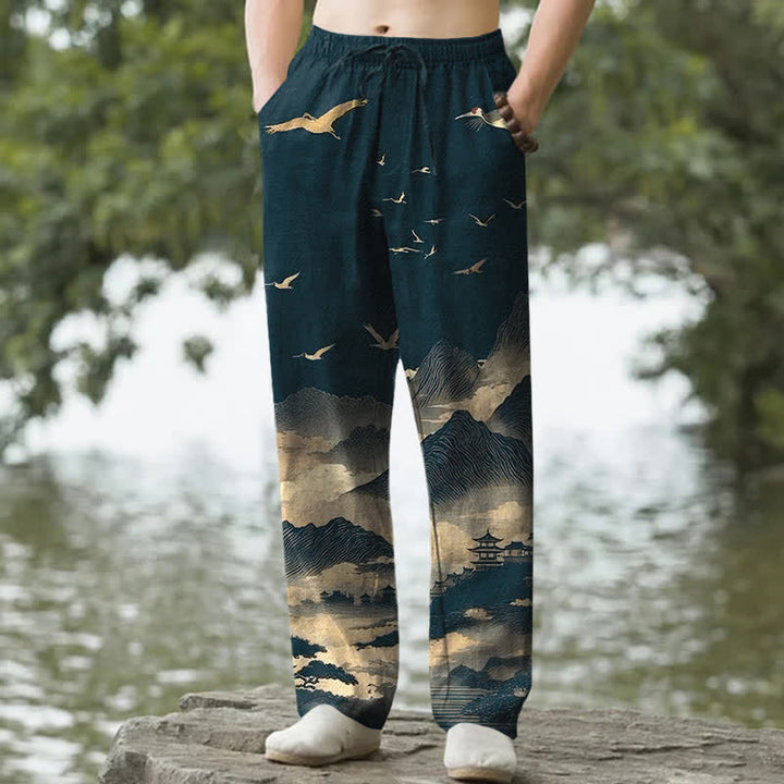 Buddha Stones Cotton Mountain Temple Bird Pattern Men's Tapered Pants With Pockets - Teal - US/UK/AU50，EU60 (5XL) - image 0