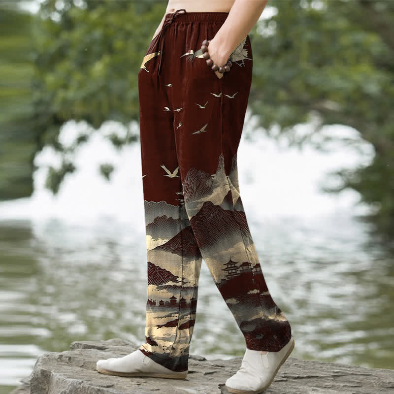 Buddha Stones Cotton Mountain Temple Bird Pattern Men's Tapered Pants With Pockets - image 5