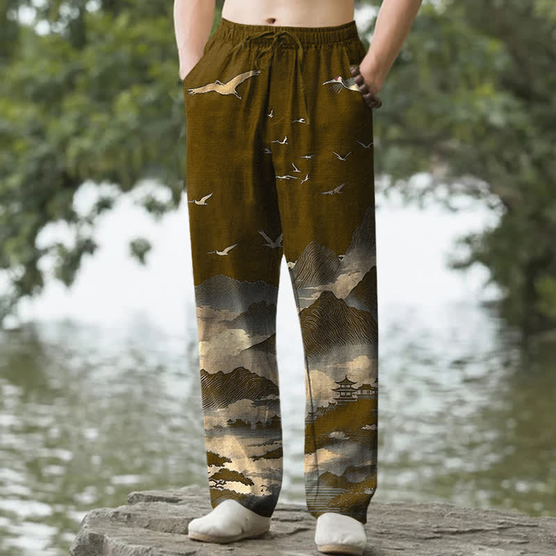 Buddha Stones Cotton Mountain Temple Bird Pattern Men's Tapered Pants With Pockets - DarkGoldenrod - US/UK/AU50，EU60 (5XL) - image 6