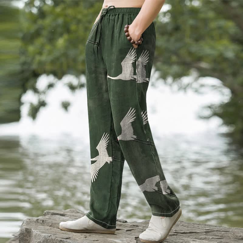 Buddha Stones Cotton White Flying Crane Pattern Men's Tapered Pants With Pockets - image 1