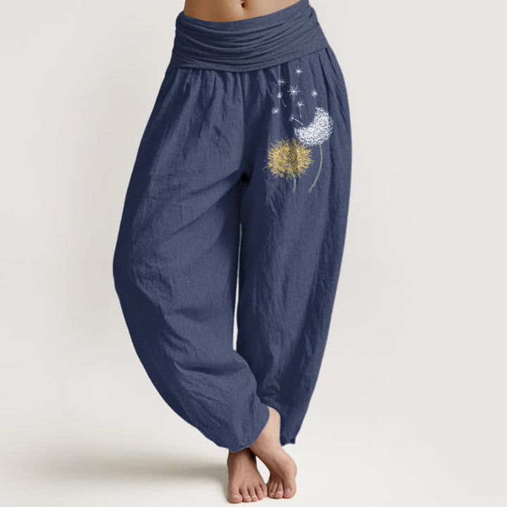Buddha Stones Pure Cotton Dandelion Bloom Pattern Women's Elastic Waist Harem Pants - DarkSlateBlue - US16，UK/AU20，EU48 (3XL) - image 5