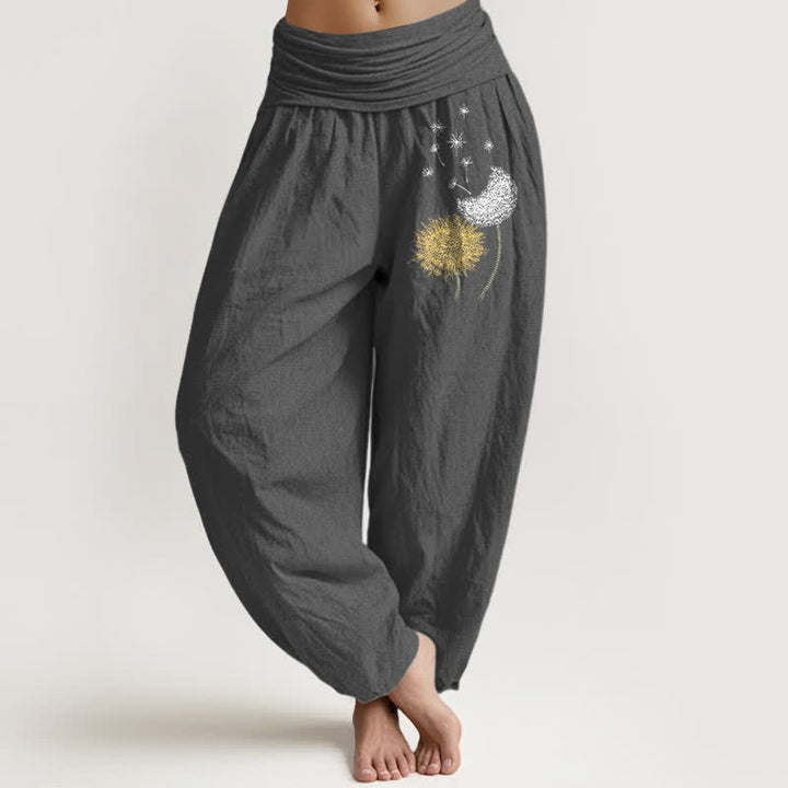 Buddha Stones Pure Cotton Dandelion Bloom Pattern Women's Elastic Waist Harem Pants - DimGray - US16，UK/AU20，EU48 (3XL) - image 8